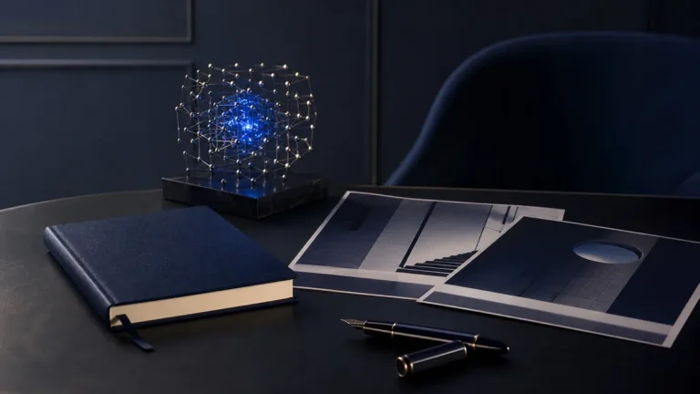 Scultura geometrica luminosa, quaderno e pagine editoriali su una scrivania blu