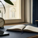 Smartphone appoggiato, quaderno aperto, orologio e tazza vicino a una finestra
