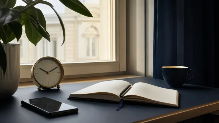 Smartphone appoggiato, quaderno aperto, orologio e tazza vicino a una finestra