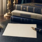 Libri, bussola, foglio e penna stilografica su una scrivania in luce calda