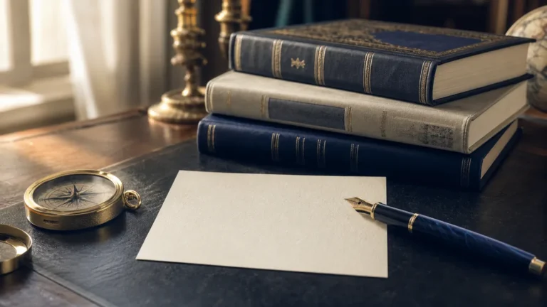 Libri, bussola, foglio e penna stilografica su una scrivania in luce calda