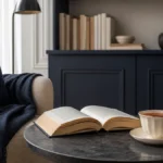 Poltrona, libro aperto, tazza di tè e pianta in un angolo lettura luminoso