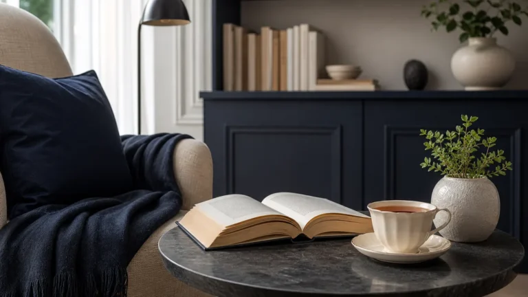 Poltrona, libro aperto, tazza di tè e pianta in un angolo lettura luminoso