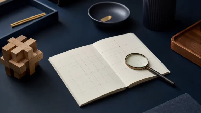 Taccuino con griglia, lente d’ingrandimento e puzzle di legno su una scrivania blu