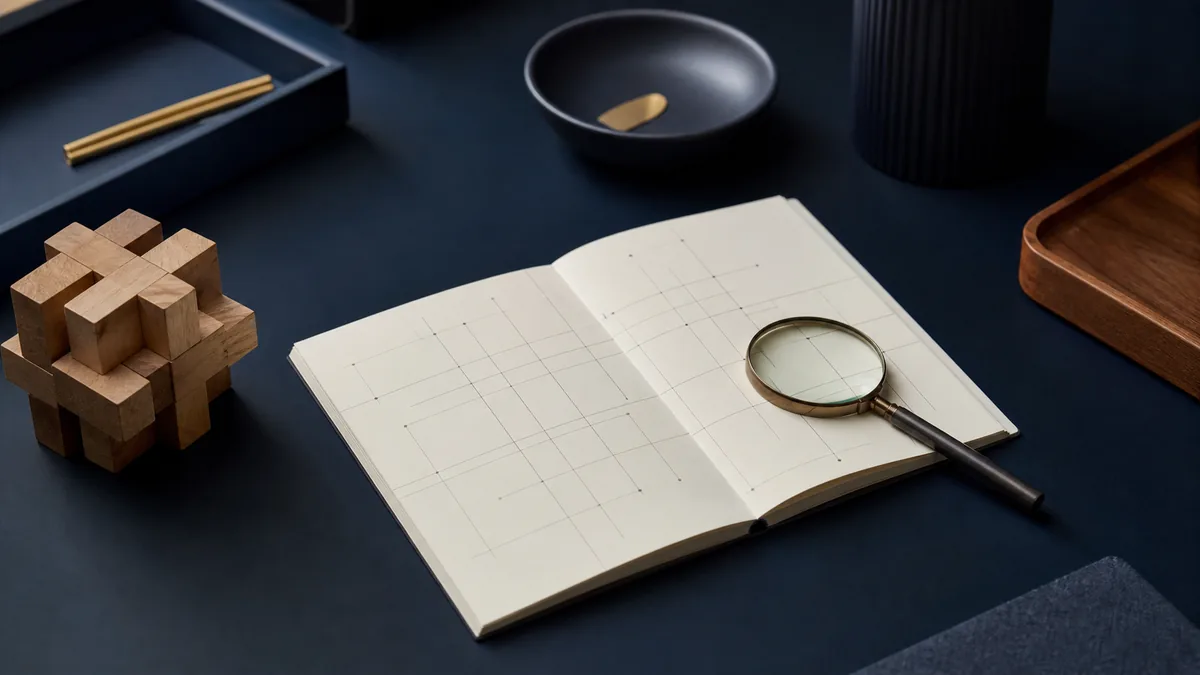 Taccuino con griglia, lente d’ingrandimento e puzzle di legno su una scrivania blu