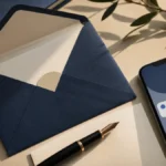 Busta aperta, smartphone e penna su una scrivania illuminata dal sole
