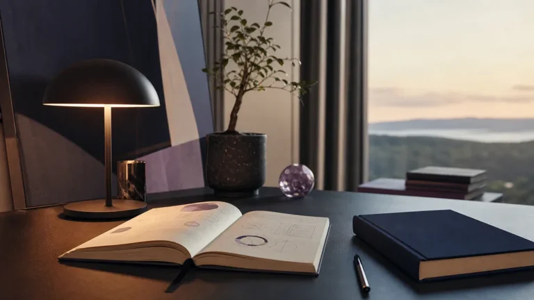 Scrivania editoriale con quaderno, libro e luce calda per il manifesto Vision to Value