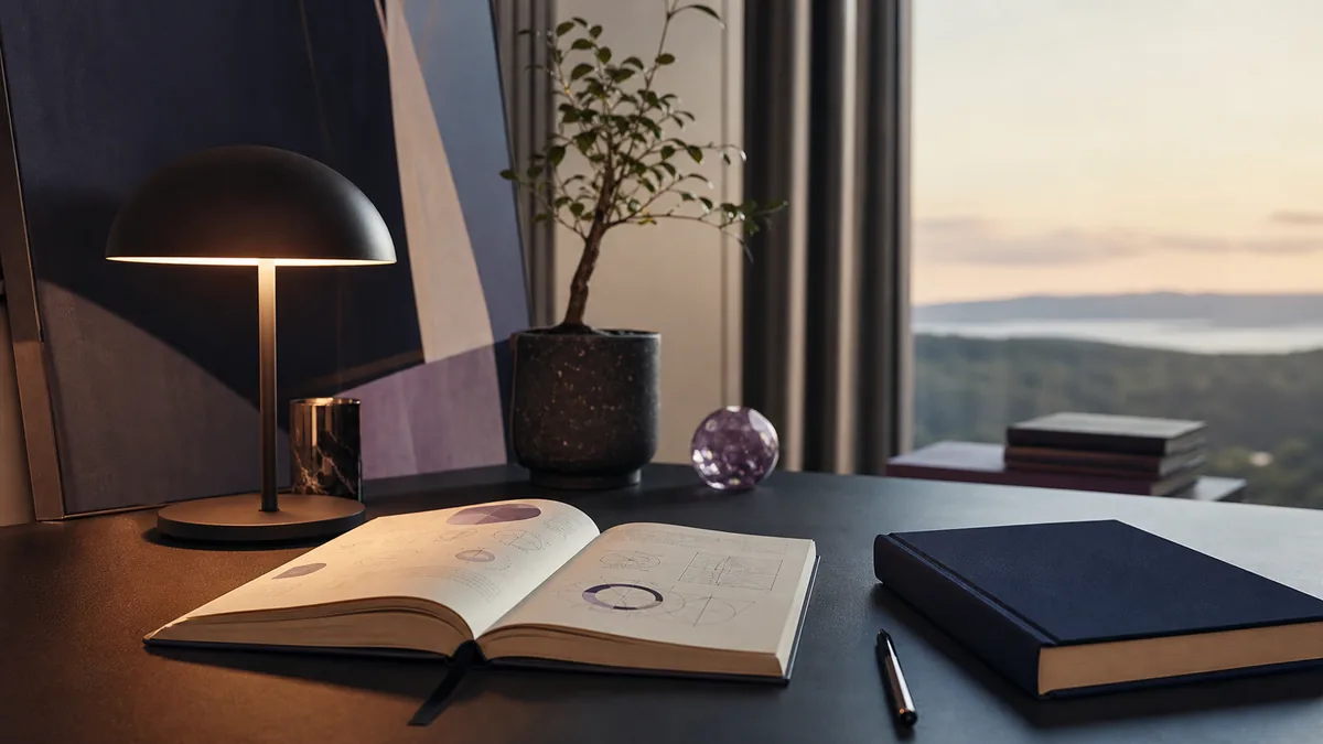 Scrivania editoriale con quaderno, libro e luce calda per il manifesto Vision to Value