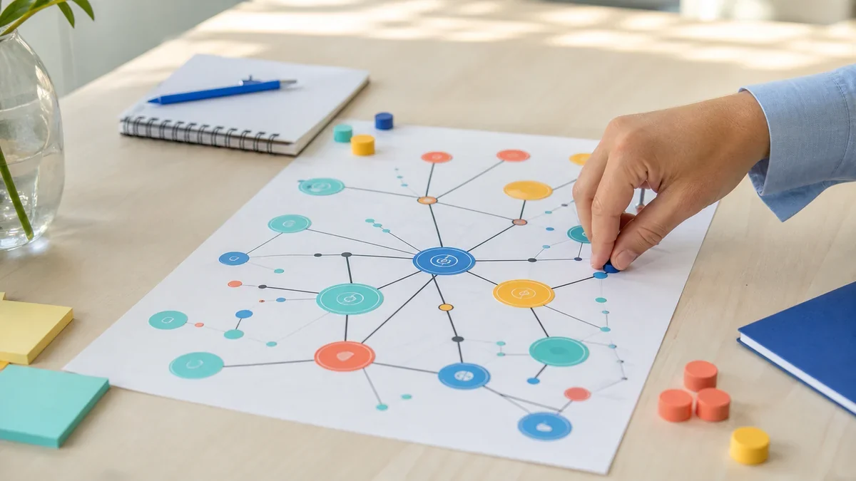 Una mano conecta competencias, relaciones y oportunidades sobre un mapa luminoso y colorido