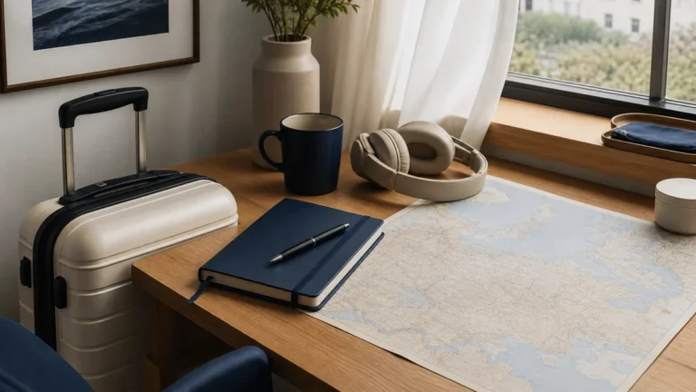Valigia, quaderno, cuffie, tazza e mappa su una scrivania vicino a una finestra