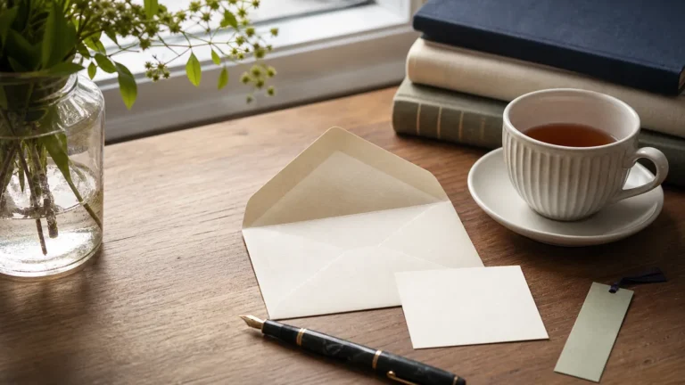 Busta aperta, tazza di tè, penna stilografica e libri su una scrivania in luce mattutina