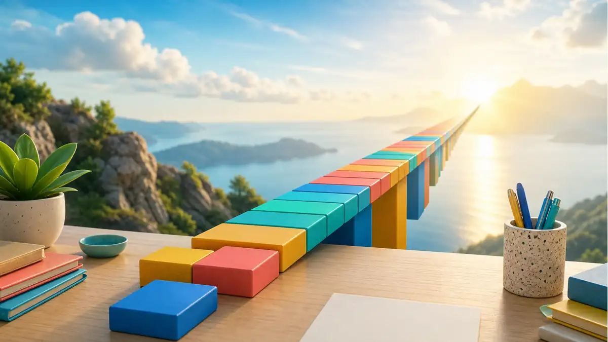 Bright editorial scene showing small concrete actions forming a bridge towards an ambitious goal