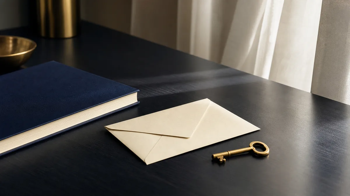 Busta chiusa, chiave dorata e quaderno blu su un tavolo scuro