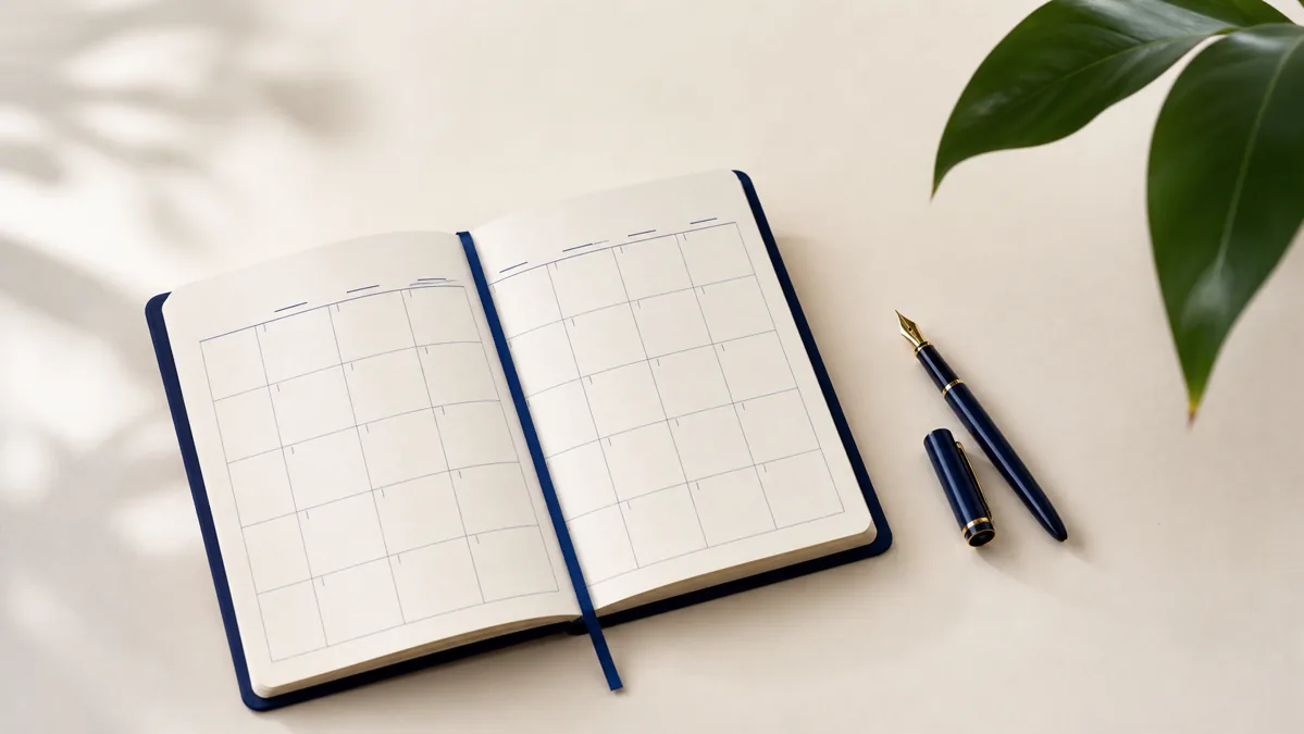Calendario editoriale aperto su una scrivania essenziale con penna e foglia verde