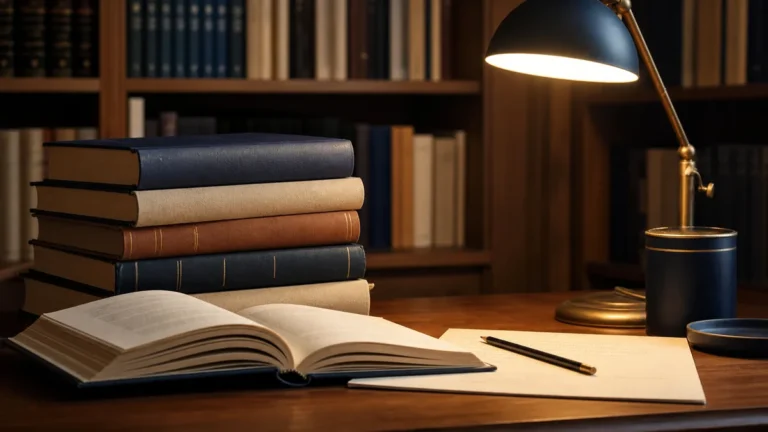 Libri impilati, volume aperto, lampada e appunti su un tavolo di biblioteca