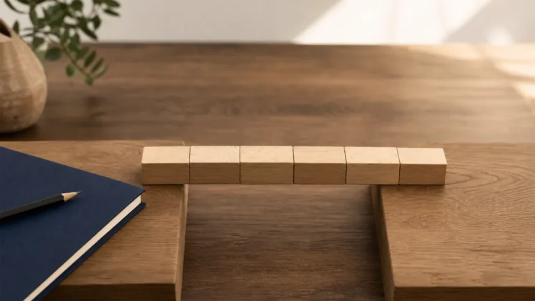 Piccolo ponte di blocchi di legno tra due tavoli, quaderno blu e matita