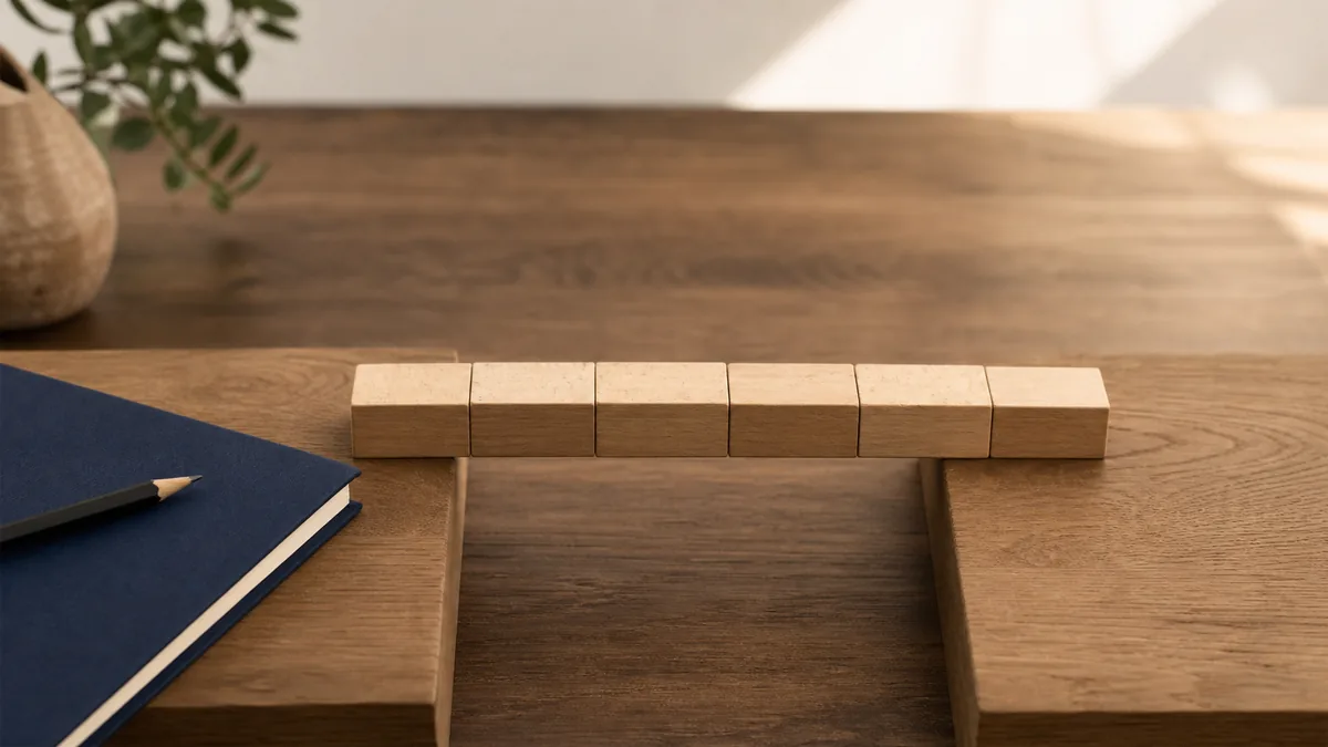 Piccolo ponte di blocchi di legno tra due tavoli, quaderno blu e matita