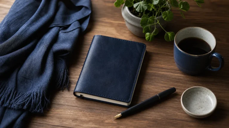 Quaderno blu, tazza, penna, sciarpa e pianta su un tavolo in legno