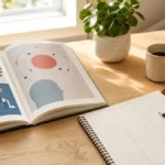 Libro illustrato di psicologia e quaderno diviso in colonne su un tavolo luminoso con occhiali