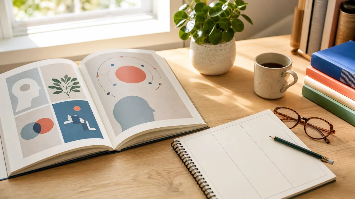 Illustrated psychology book and divided notebook on a bright table