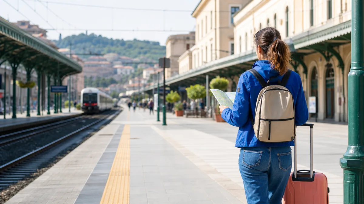 Viaggiatrice vista di spalle in una stazione luminosa con zaino, mappa e piccola valigia corallo