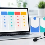 Computer con griglia di confronto colorata, tre schede astratte e cuffia per l'assistenza su una scrivania chiara