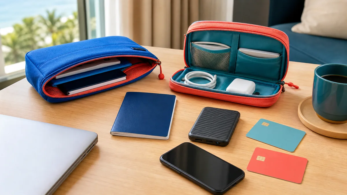Documenti, smartphone, computer, carte e accessori distribuiti in due custodie colorate su un tavolo d'hotel