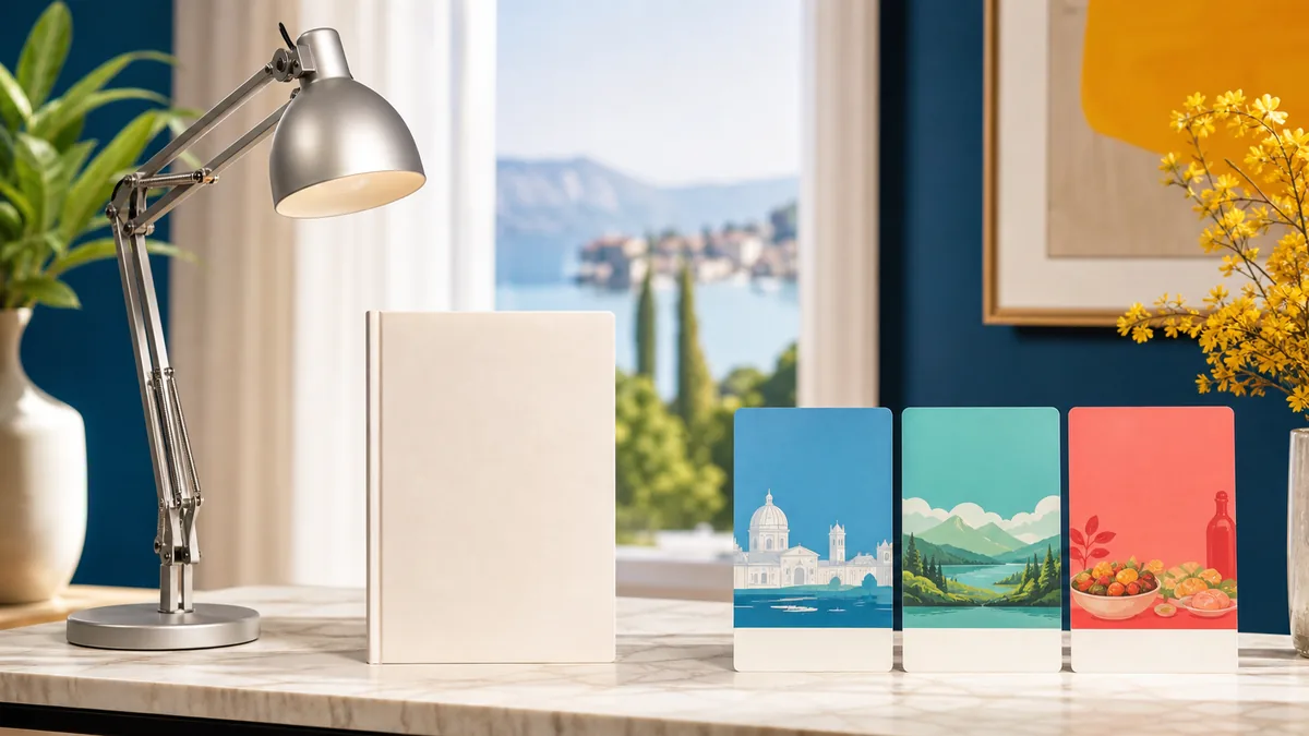 Libro senza titolo, lampada e tre schede colorate dedicate a cultura, natura e cibo su un tavolo elegante